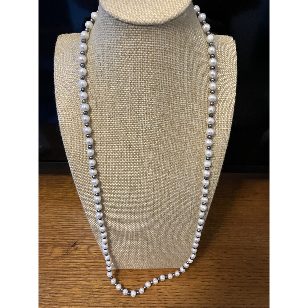Freshwater Pearl Necklace 28” Black Glass Bead Spacers Classic Quiet Luxury